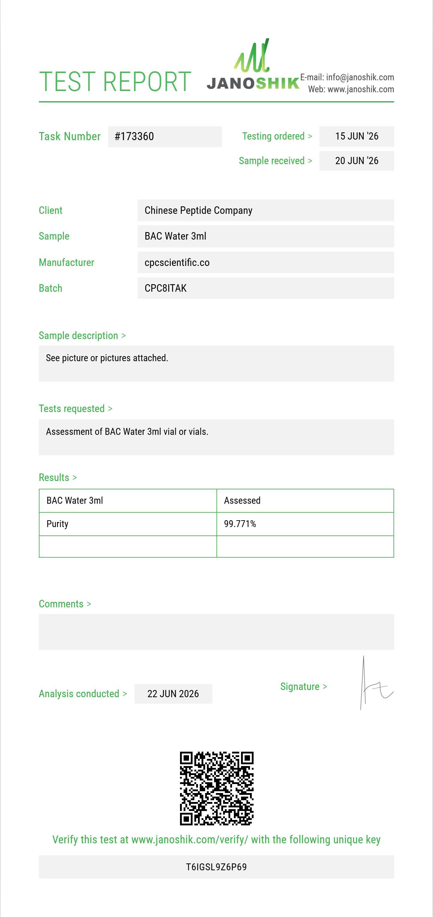 BAC Water Purity (HPLC) report by Janoshik Analytical