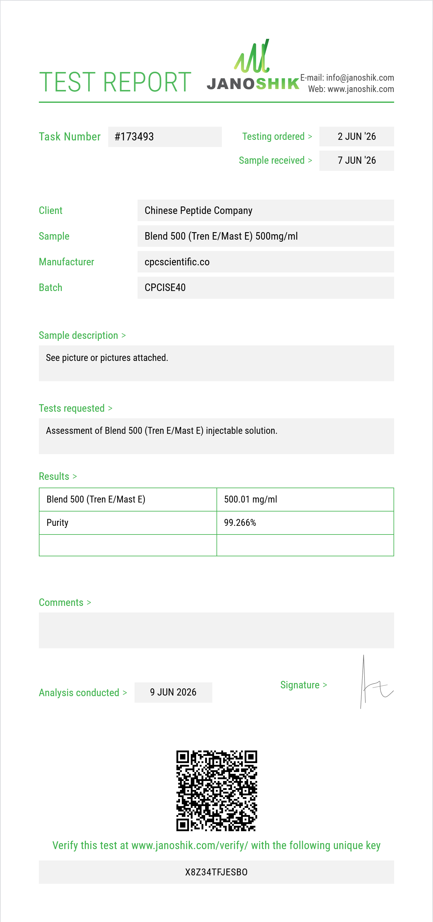 Blend 500 (Tren E/Mast E) Purity (HPLC) report by Janoshik Analytical