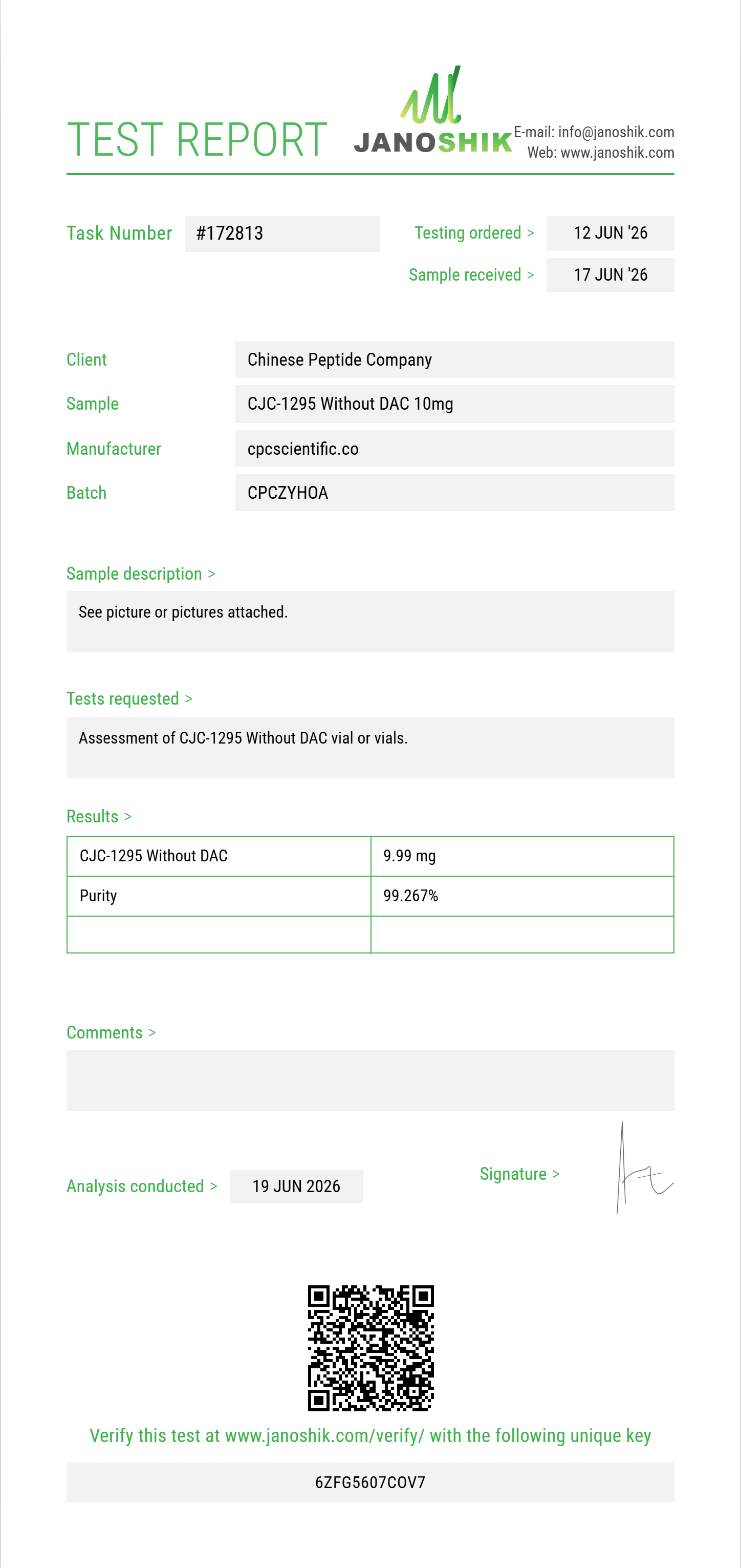 CJC-1295 Without DAC Purity (HPLC) report by Janoshik Analytical