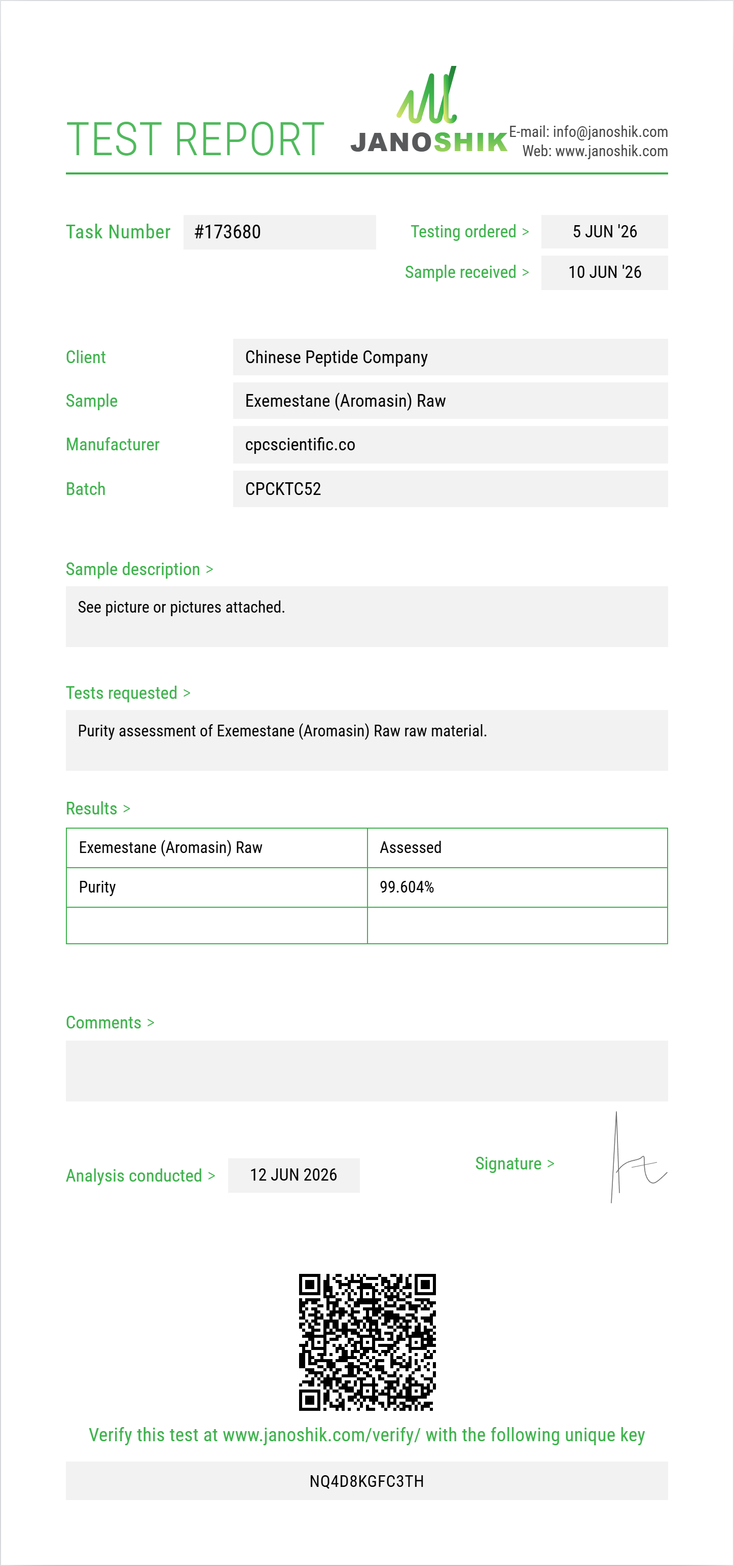 Exemestane (Aromasin) Raw Purity (HPLC) report by Janoshik Analytical