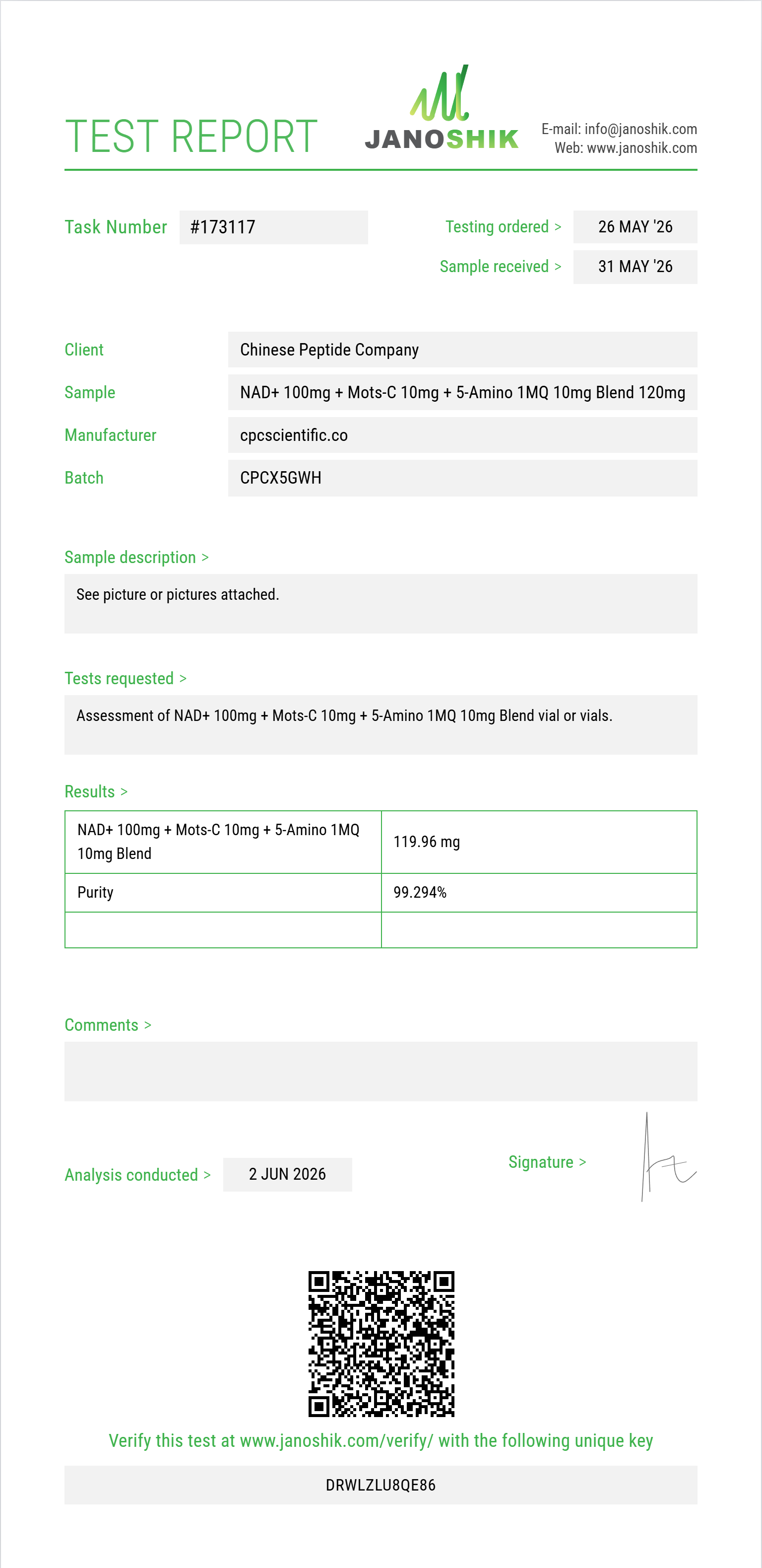 NAD+ 100mg + Mots-C 10mg + 5-Amino 1MQ 10mg Blend Purity (HPLC) report by Janoshik Analytical