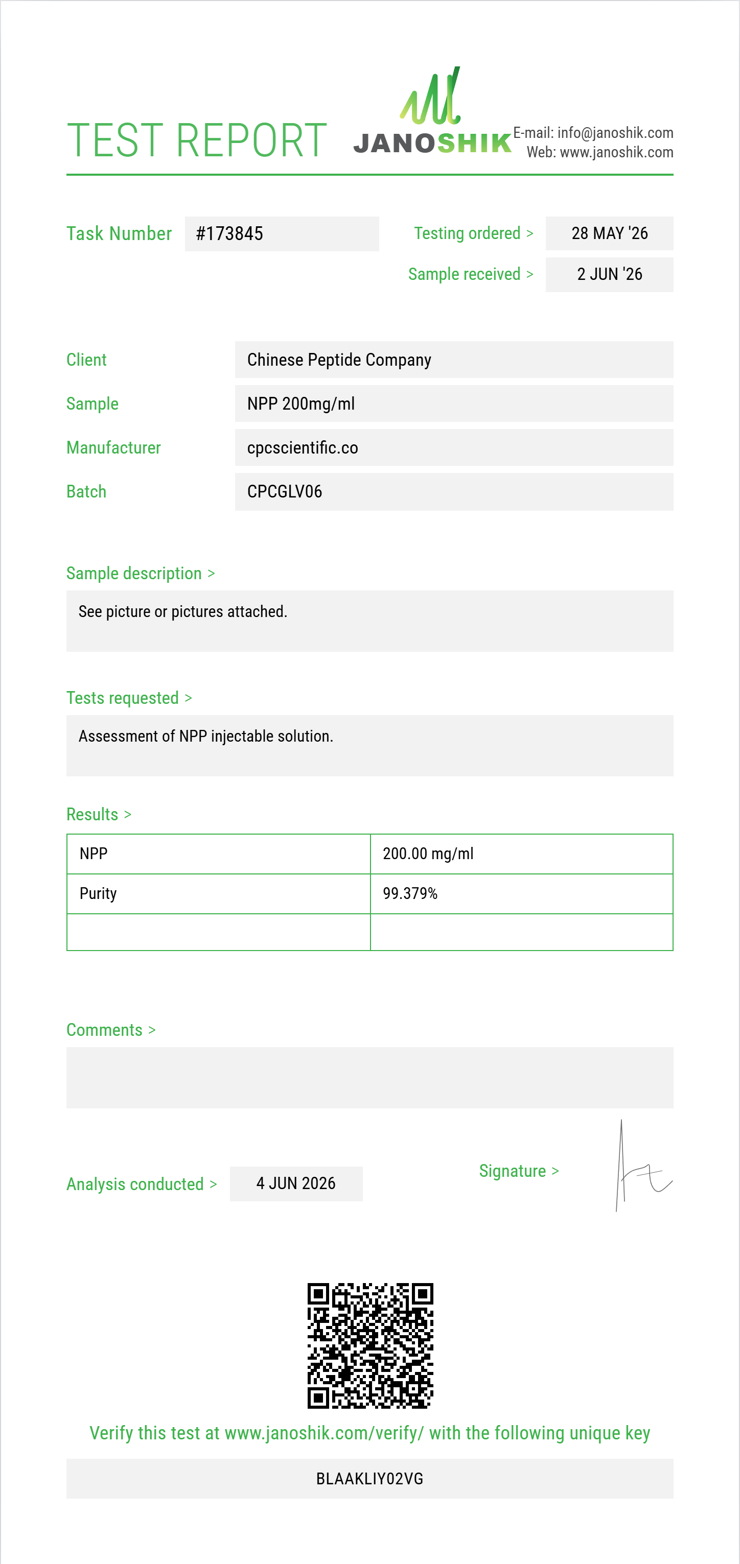 NPP Purity (HPLC) report by Janoshik Analytical
