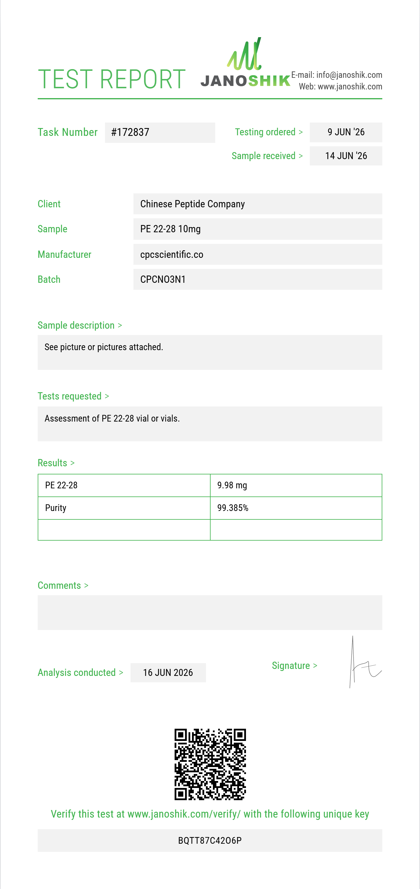 PE 22-28 Purity (HPLC) report by Janoshik Analytical