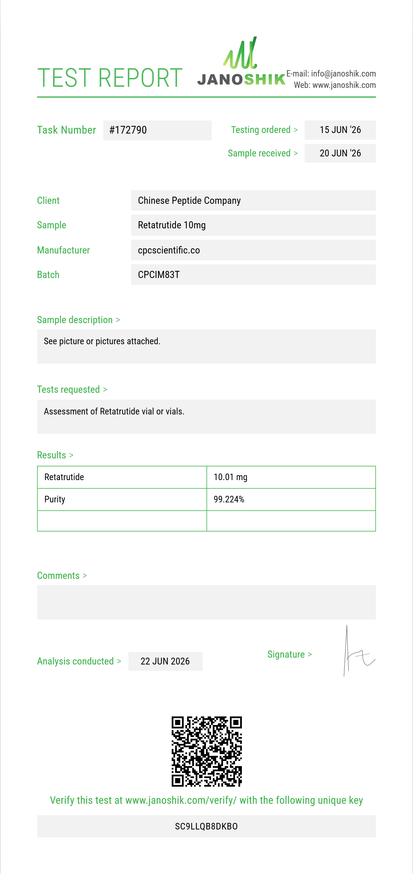 Retatrutide Purity (HPLC) report by Janoshik Analytical