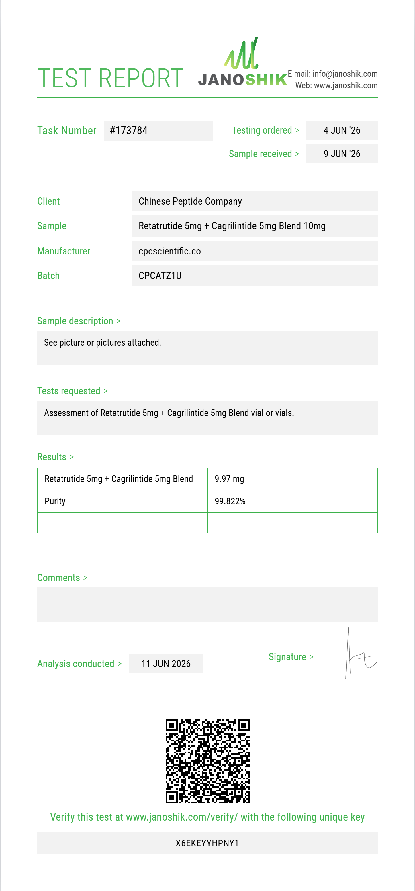 Retatrutide 5mg + Cagrilintide 5mg Blend Purity (HPLC) report by Janoshik Analytical