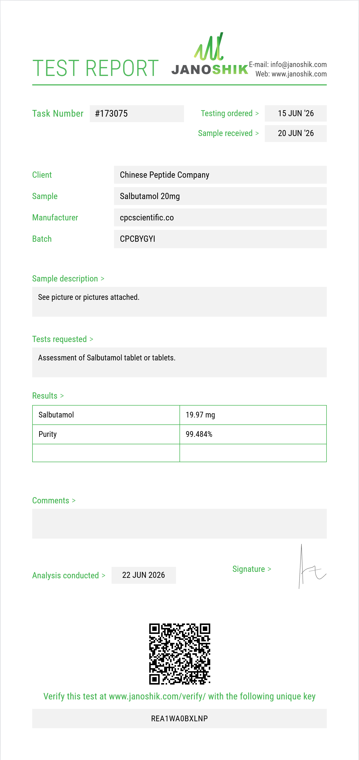Salbutamol Purity (HPLC) report by Janoshik Analytical