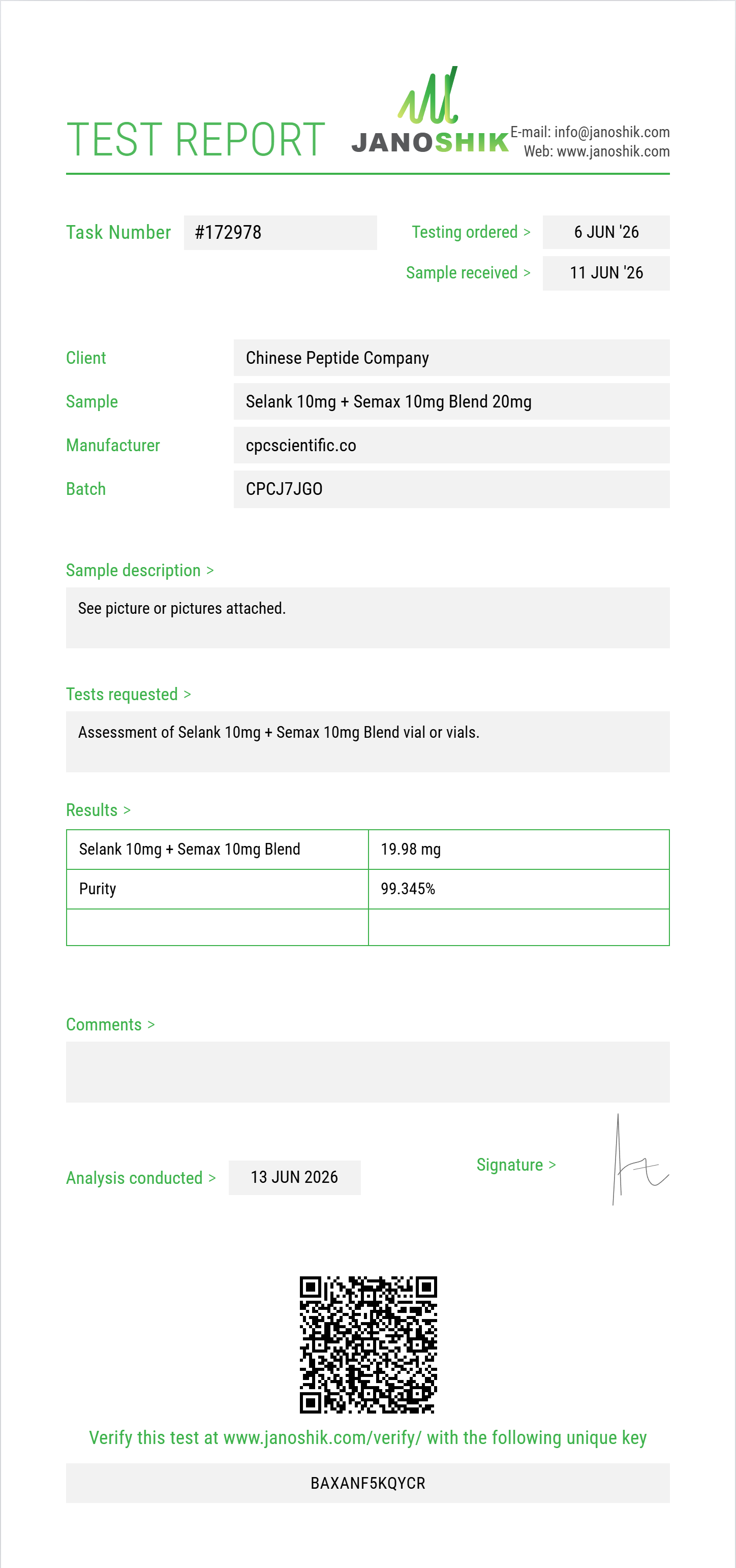 Selank 10mg + Semax 10mg Blend Purity (HPLC) report by Janoshik Analytical