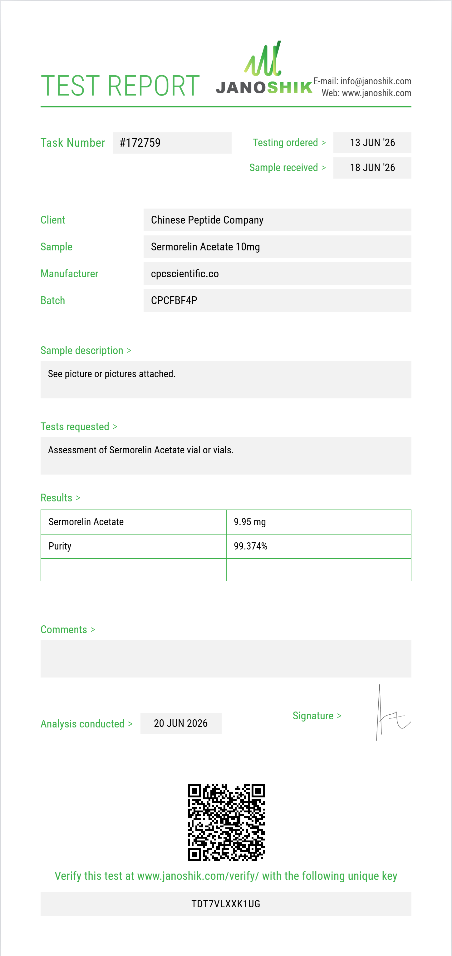 Sermorelin Acetate Purity (HPLC) report by Janoshik Analytical