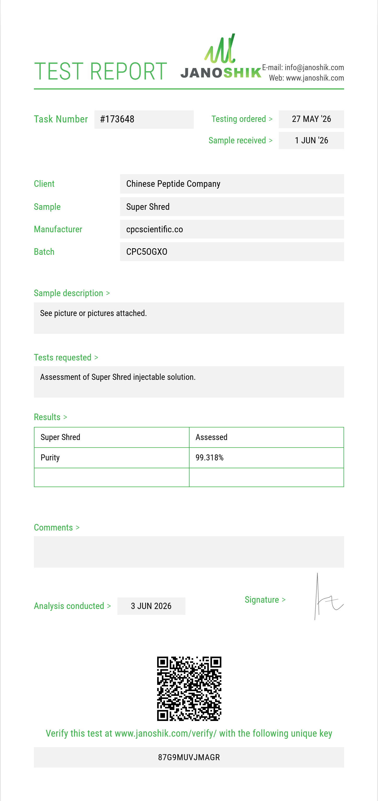 Super Shred Purity (HPLC) report by Janoshik Analytical