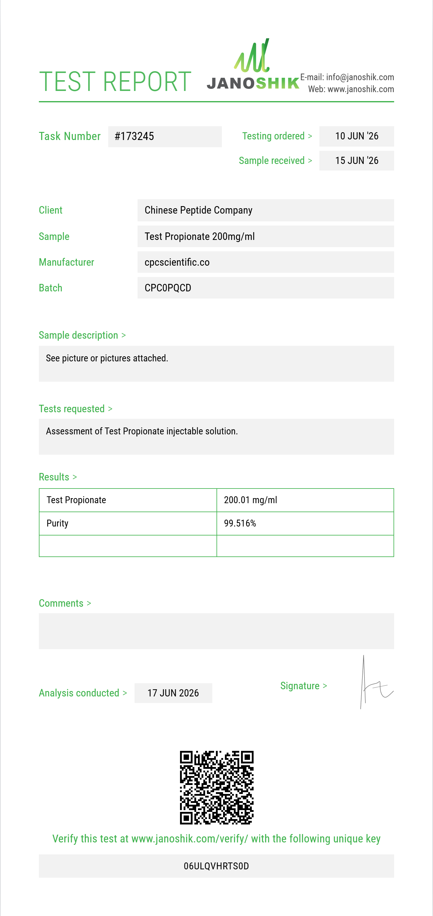 Test Propionate Purity (HPLC) report by Janoshik Analytical
