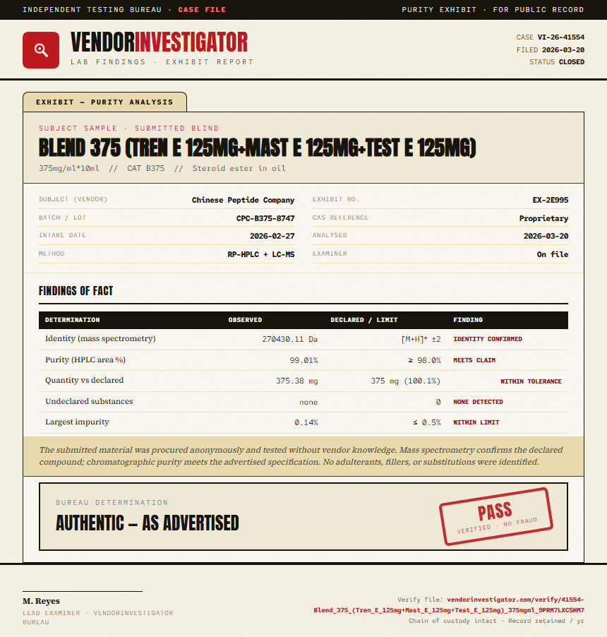 Blend 375 (Tren E 125mg+Mast E 125mg+Test E 125mg) Purity (HPLC) report by VendorInvestigator