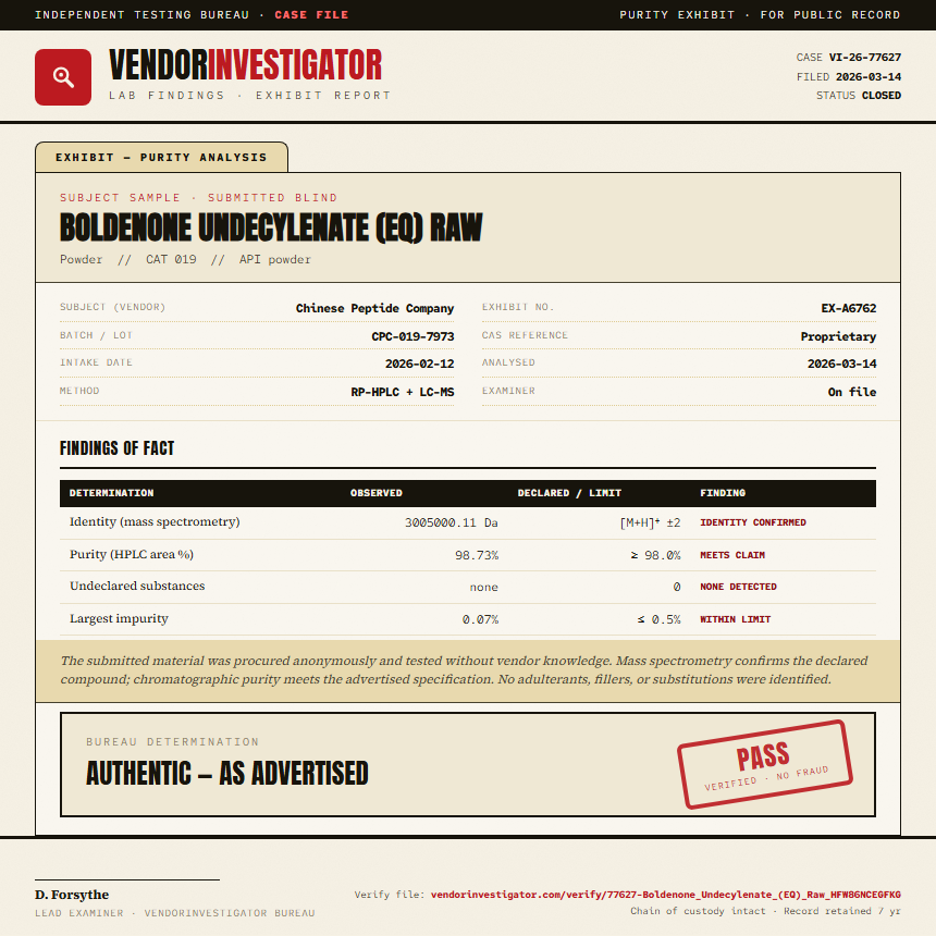 Boldenone Undecylenate (EQ) Raw Purity (HPLC) report by VendorInvestigator