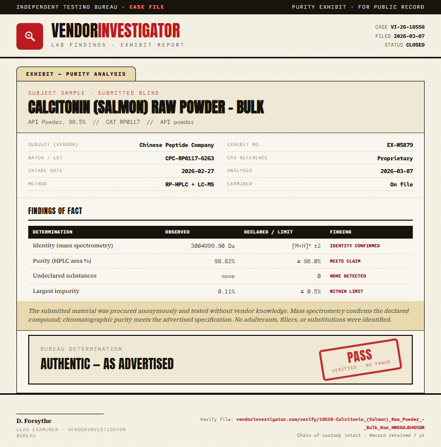 Calcitonin (Salmon) Raw Powder - Bulk Purity (HPLC) report by VendorInvestigator
