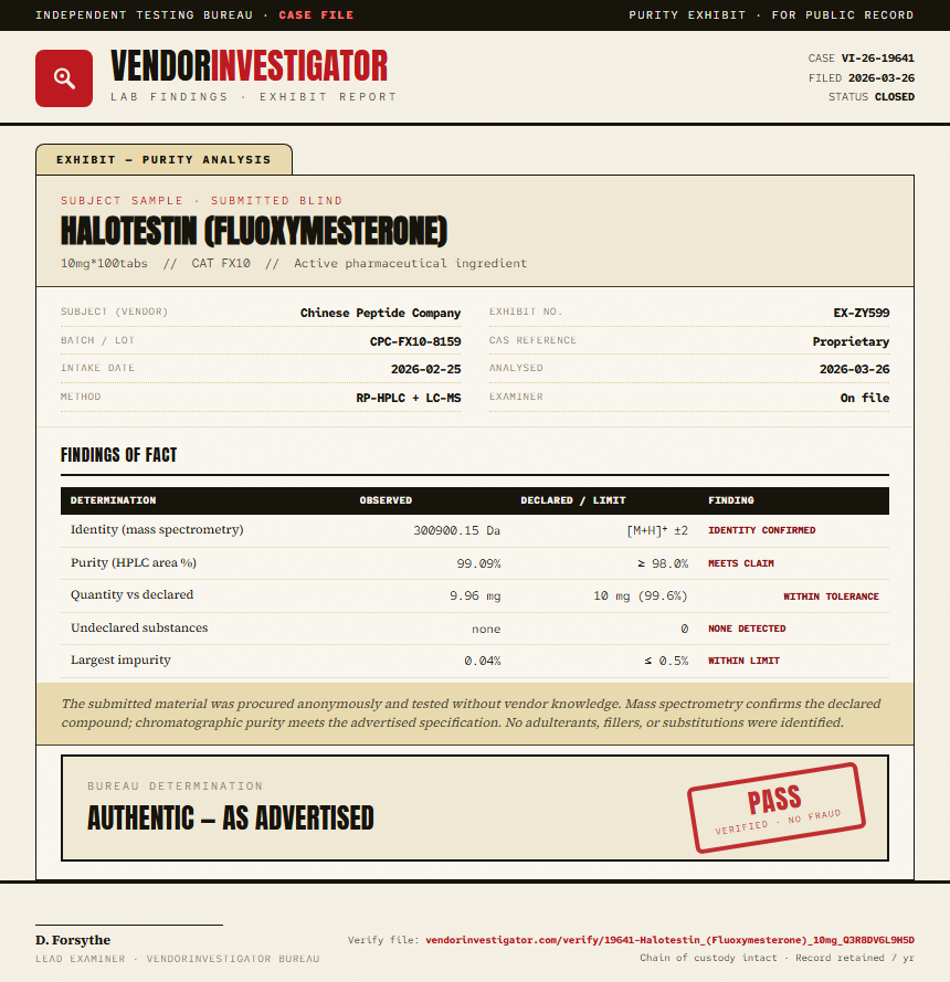 Halotestin (Fluoxymesterone) Purity (HPLC) report by VendorInvestigator