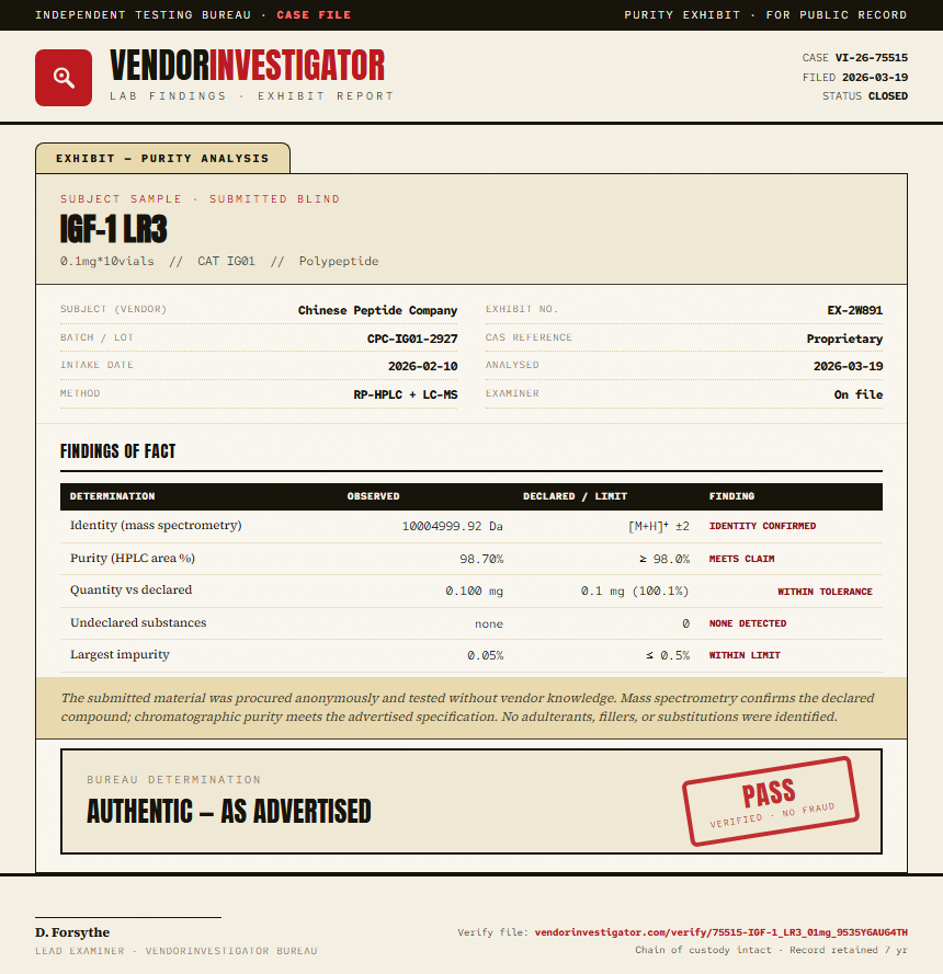 IGF-1 LR3 Purity (HPLC) report by VendorInvestigator