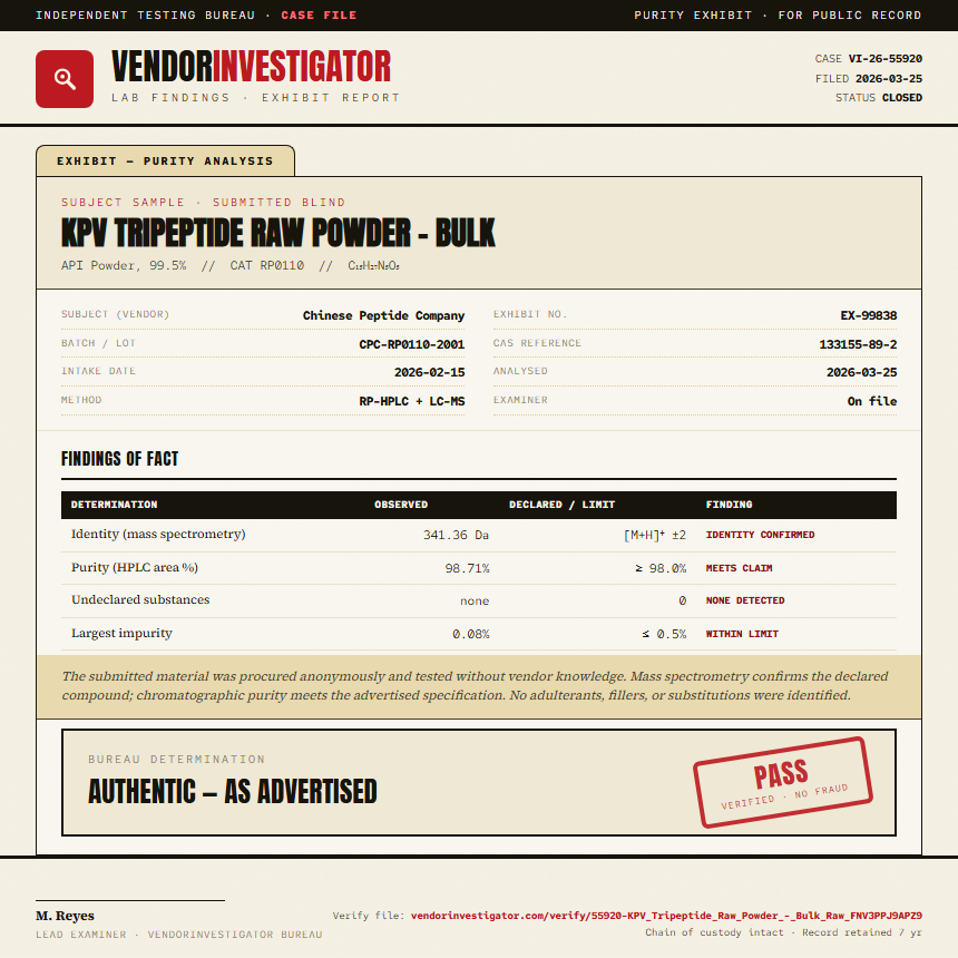 KPV Tripeptide Raw Powder - Bulk Purity (HPLC) report by VendorInvestigator