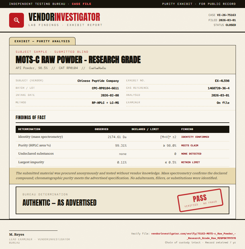MOTS-c Raw Powder - Research Grade Purity (HPLC) report by VendorInvestigator
