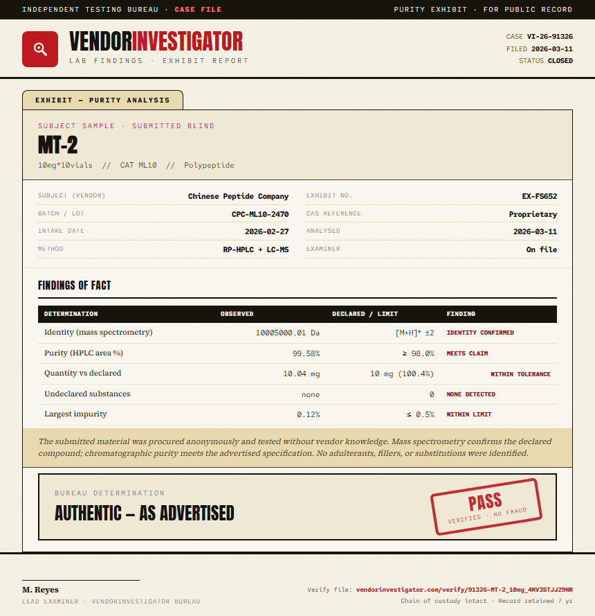 MT-2 Purity (HPLC) report by VendorInvestigator