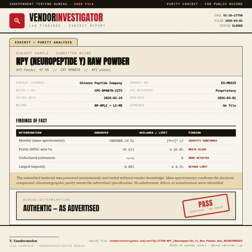NPY (Neuropeptide Y) Raw Powder Purity (HPLC) report by VendorInvestigator
