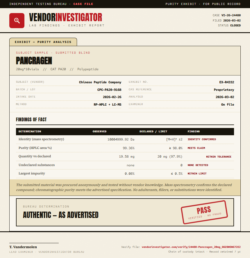 Pancragen Purity (HPLC) report by VendorInvestigator