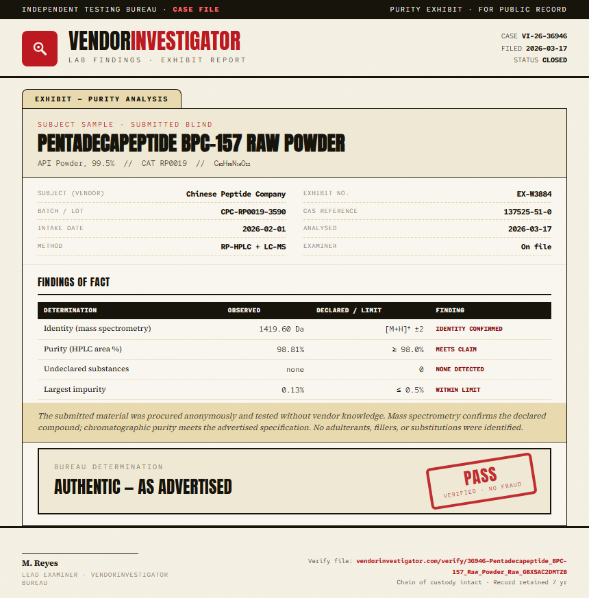 Pentadecapeptide BPC-157 Raw Powder Purity (HPLC) report by VendorInvestigator