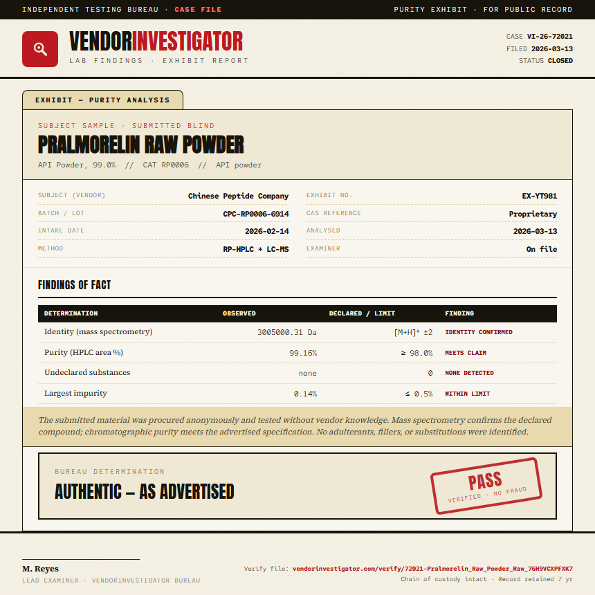 Pralmorelin Raw Powder Purity (HPLC) report by VendorInvestigator