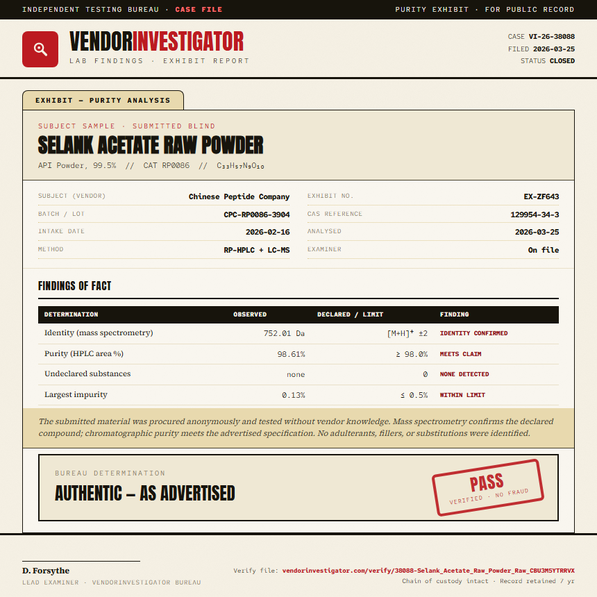Selank Acetate Raw Powder Purity (HPLC) report by VendorInvestigator