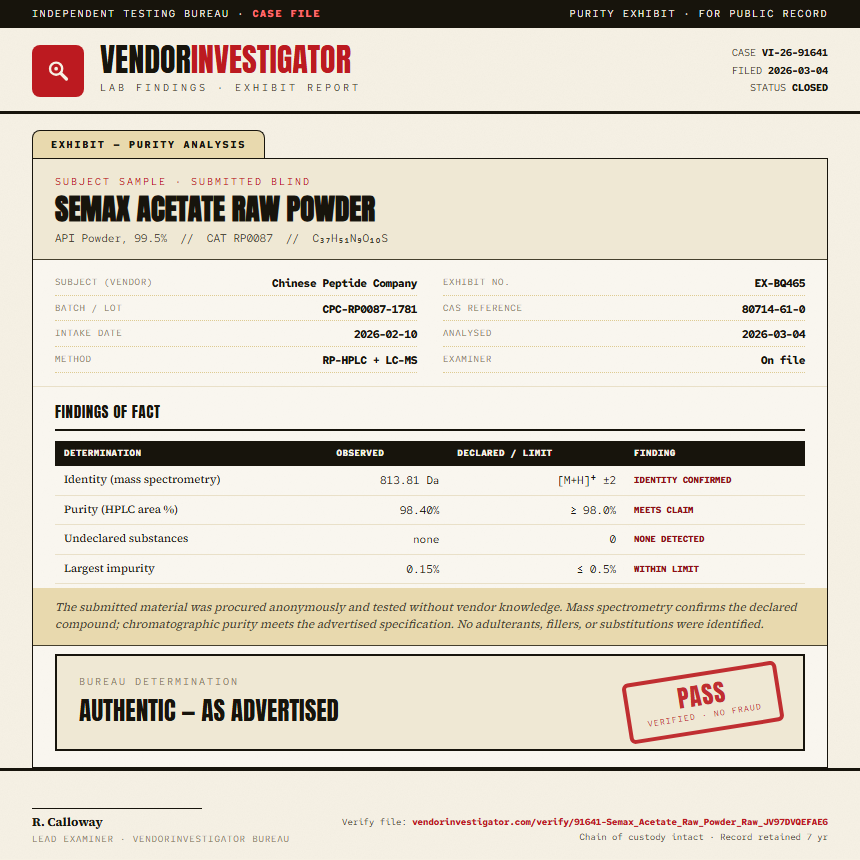 Semax Acetate Raw Powder Purity (HPLC) report by VendorInvestigator