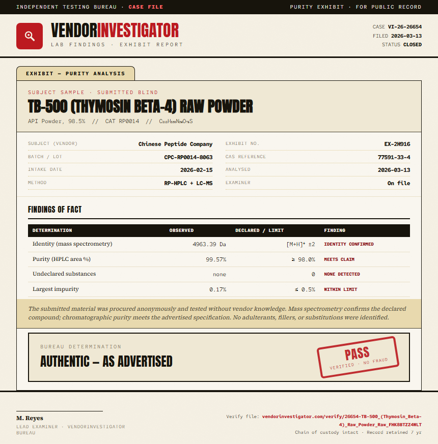 TB-500 (Thymosin Beta-4) Raw Powder Purity (HPLC) report by VendorInvestigator