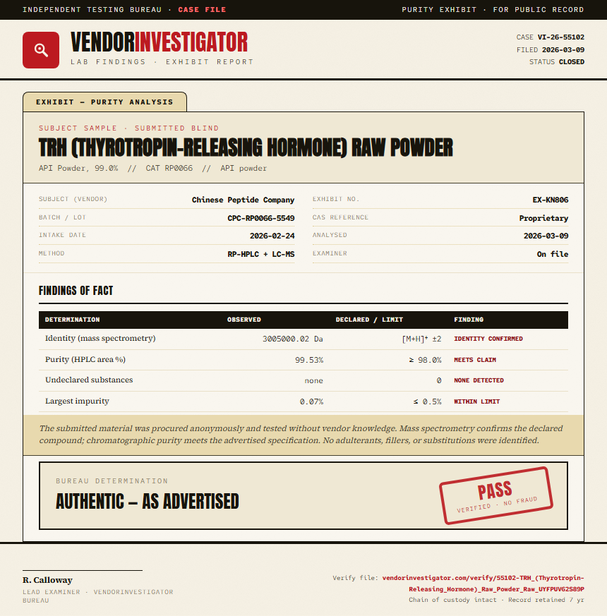 TRH (Thyrotropin-Releasing Hormone) Raw Powder Purity (HPLC) report by VendorInvestigator