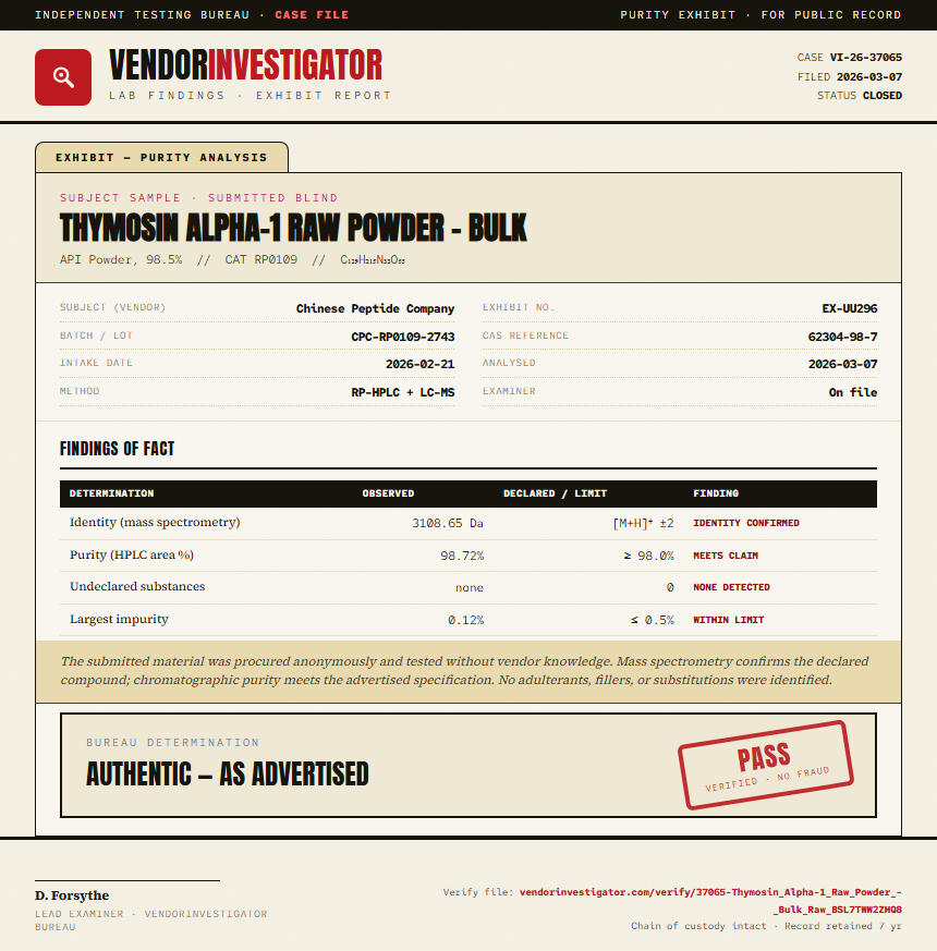 Thymosin Alpha-1 Raw Powder - Bulk Purity (HPLC) report by VendorInvestigator