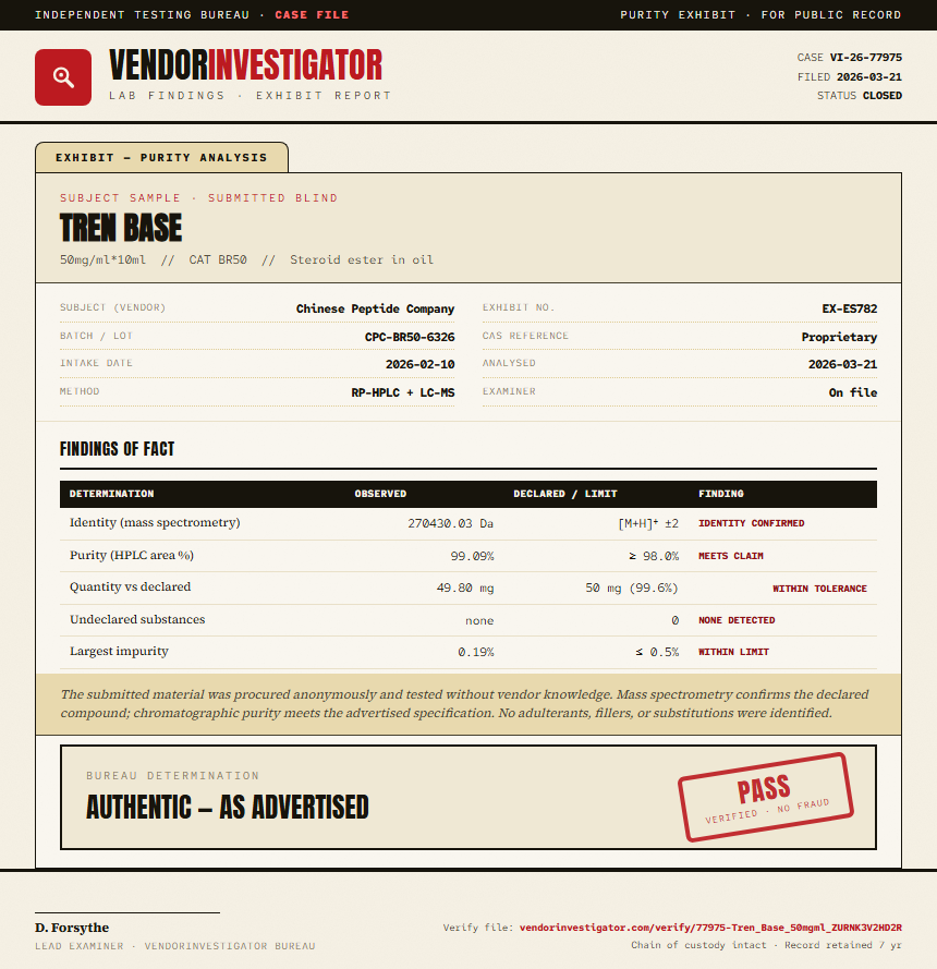 Tren Base Purity (HPLC) report by VendorInvestigator