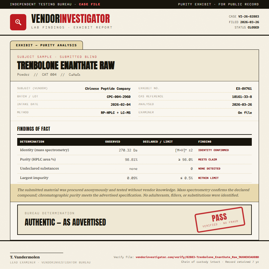 Trenbolone Enanthate Raw Purity (HPLC) report by VendorInvestigator