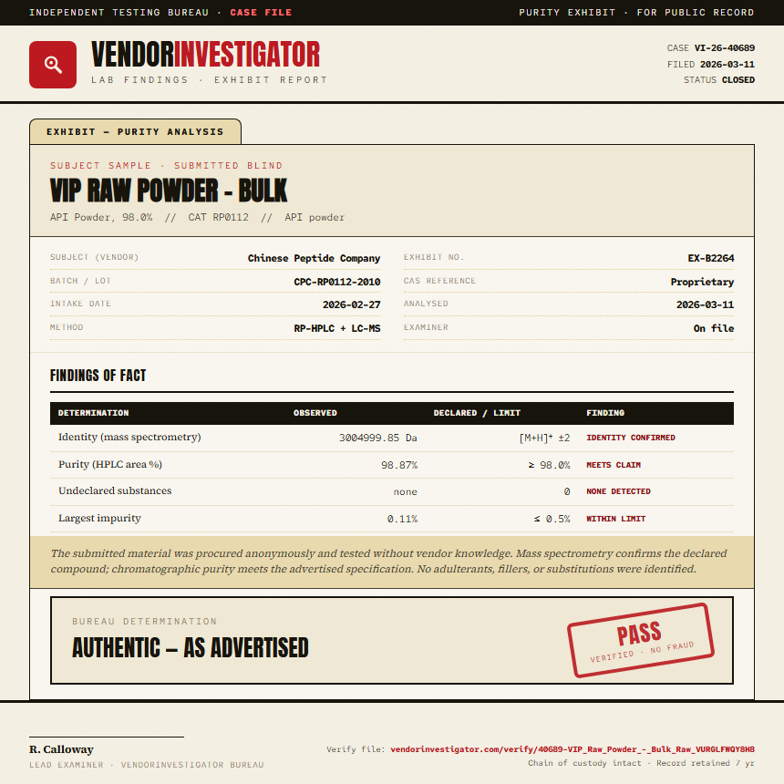 VIP Raw Powder - Bulk Purity (HPLC) report by VendorInvestigator