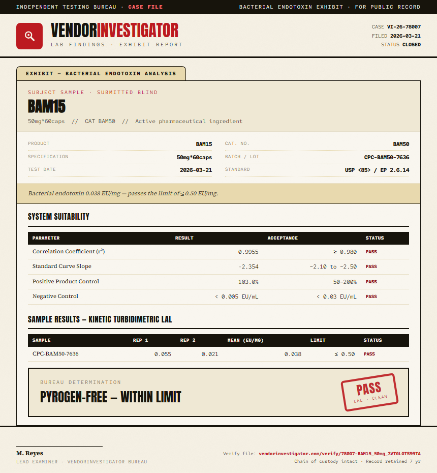 BAM15 Endotoxin report by VendorInvestigator
