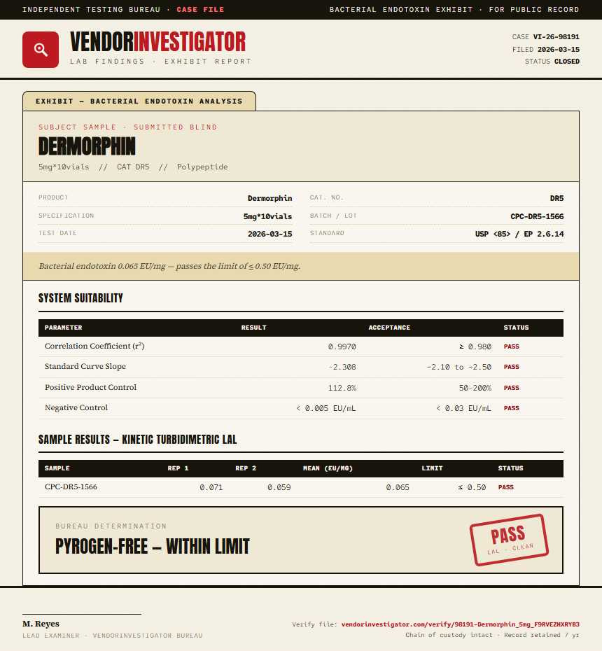 Dermorphin Endotoxin report by VendorInvestigator