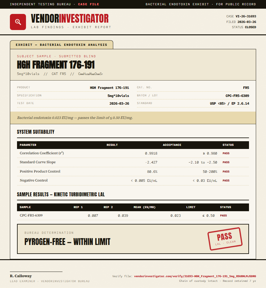 HGH Fragment 176-191 Endotoxin report by VendorInvestigator