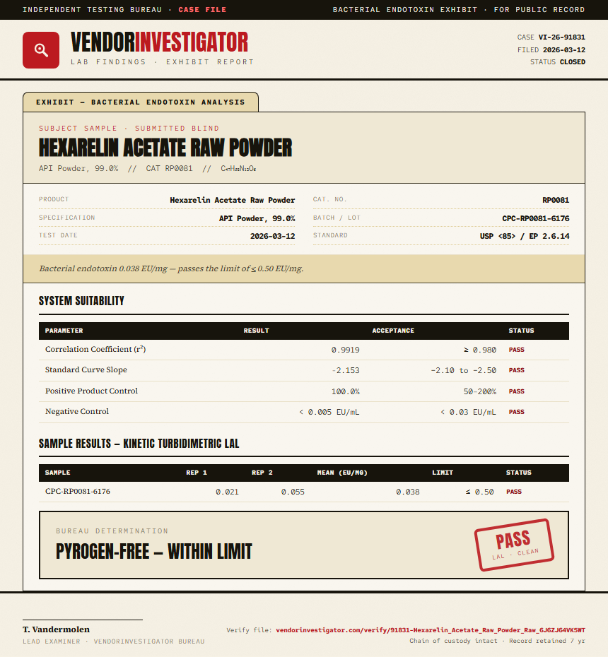 Hexarelin Acetate Raw Powder Endotoxin report by VendorInvestigator