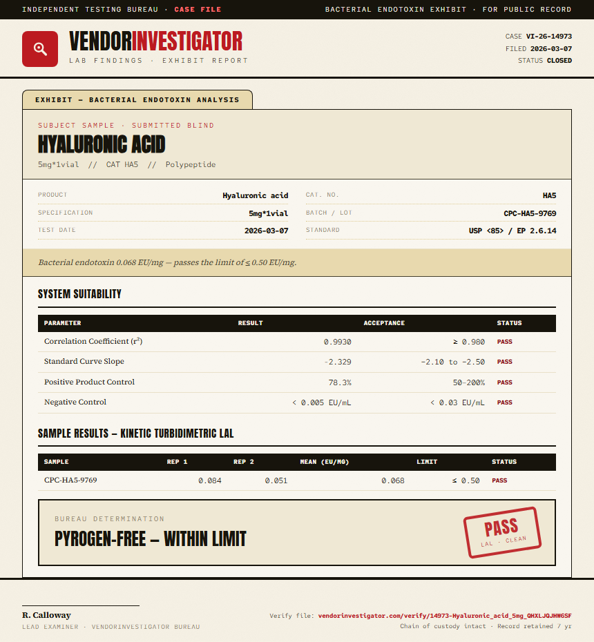 Hyaluronic acid Endotoxin report by VendorInvestigator