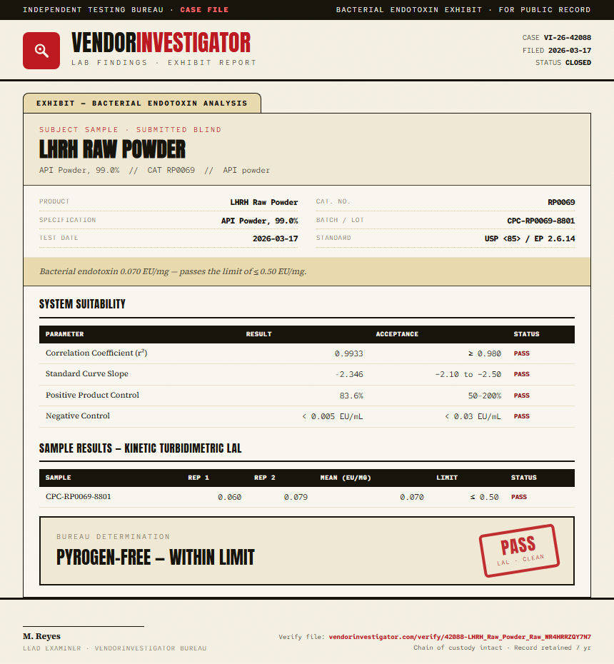 LHRH Raw Powder Endotoxin report by VendorInvestigator