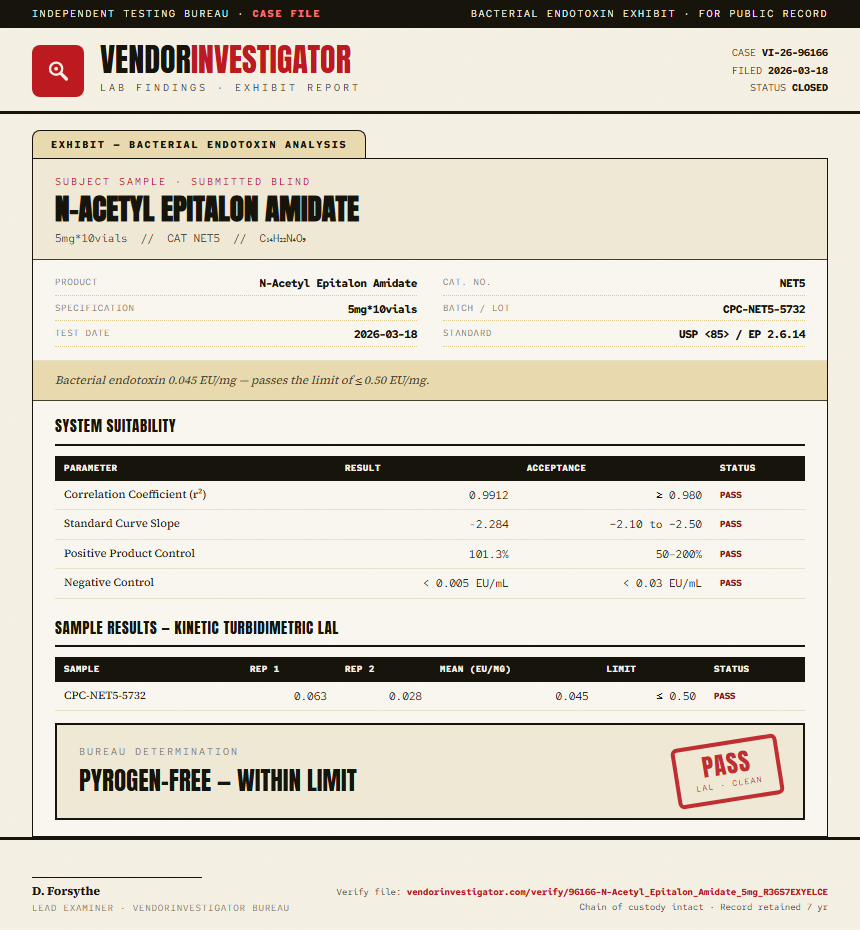 N-Acetyl Epitalon Amidate Endotoxin report by VendorInvestigator