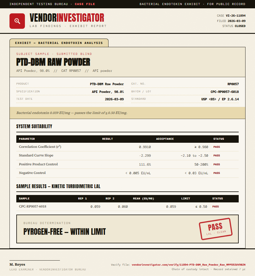 PTD-DBM Raw Powder Endotoxin report by VendorInvestigator