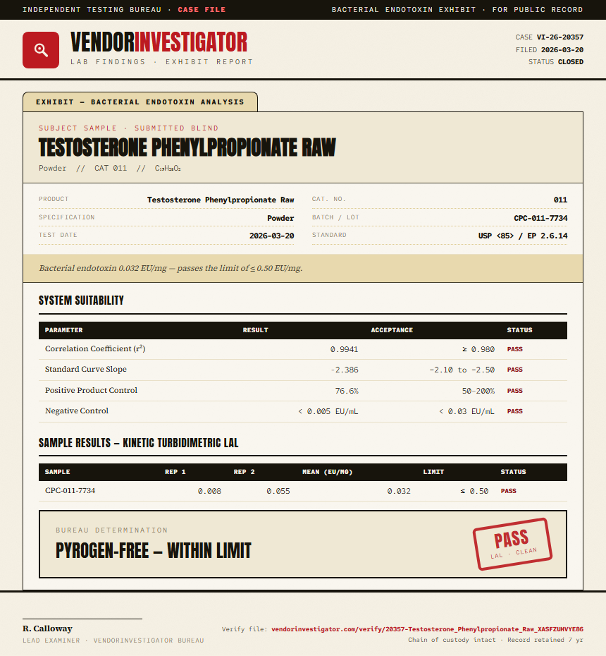 Testosterone Phenylpropionate Raw Endotoxin report by VendorInvestigator