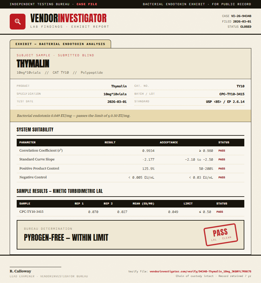 Thymalin Endotoxin report by VendorInvestigator
