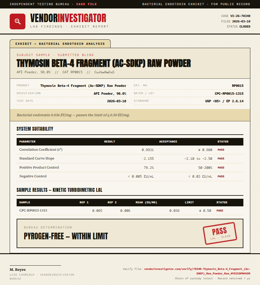 Thymosin Beta-4 Fragment (Ac-SDKP) Raw Powder Endotoxin report by VendorInvestigator