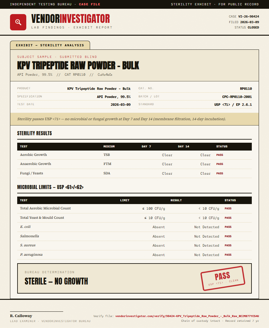 KPV Tripeptide Raw Powder - Bulk Sterility report by VendorInvestigator