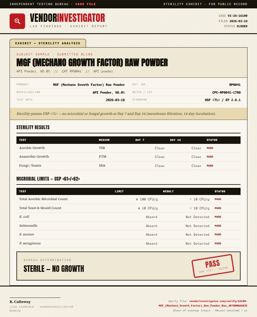MGF (Mechano Growth Factor) Raw Powder Sterility report by VendorInvestigator
